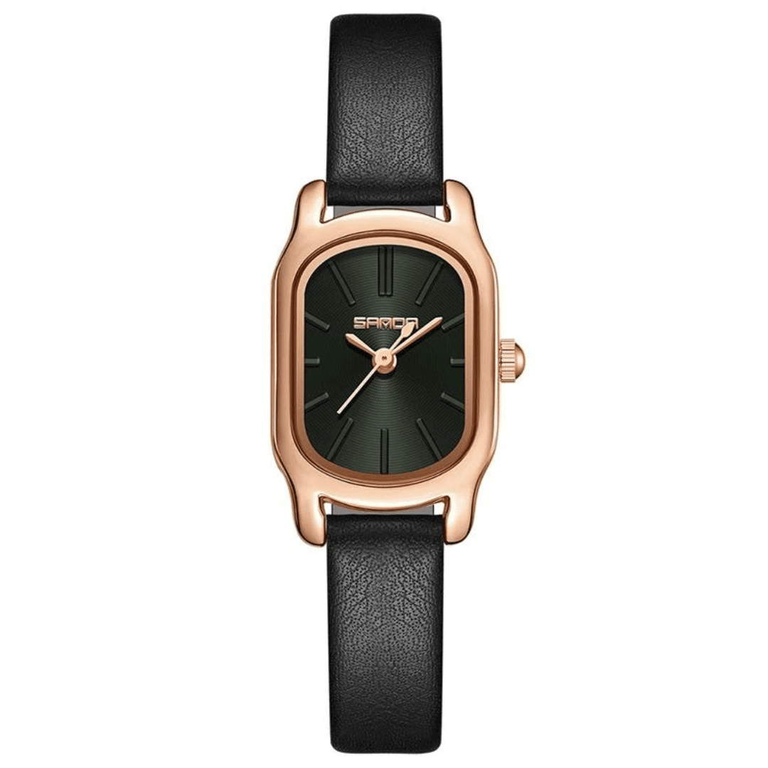 Ovale Damen-Armbanduhr Berna – Schwarzes Leder (Grün)