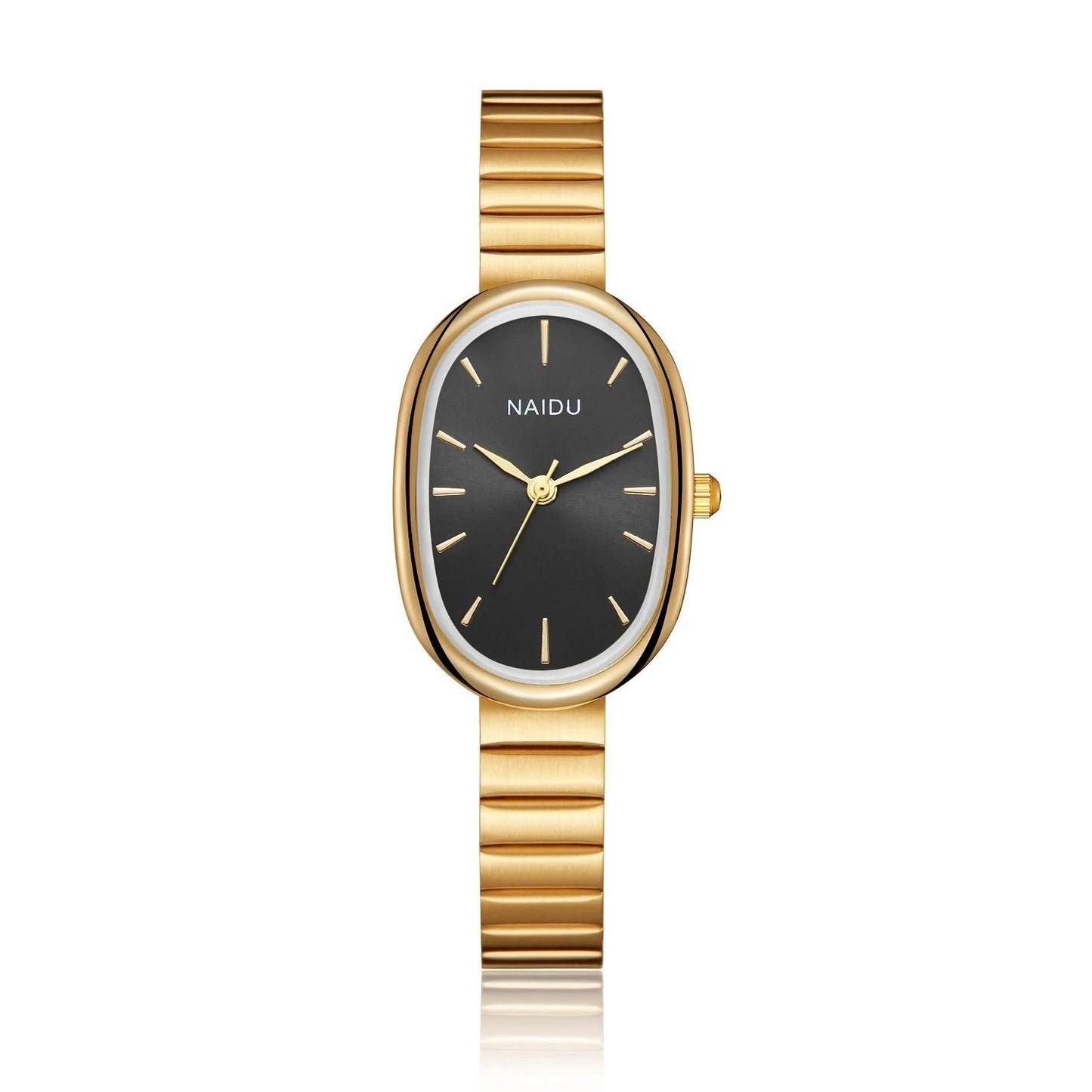 Ovale Damen-Armbanduhr aus Edelstahl – Gold (Schwarz)